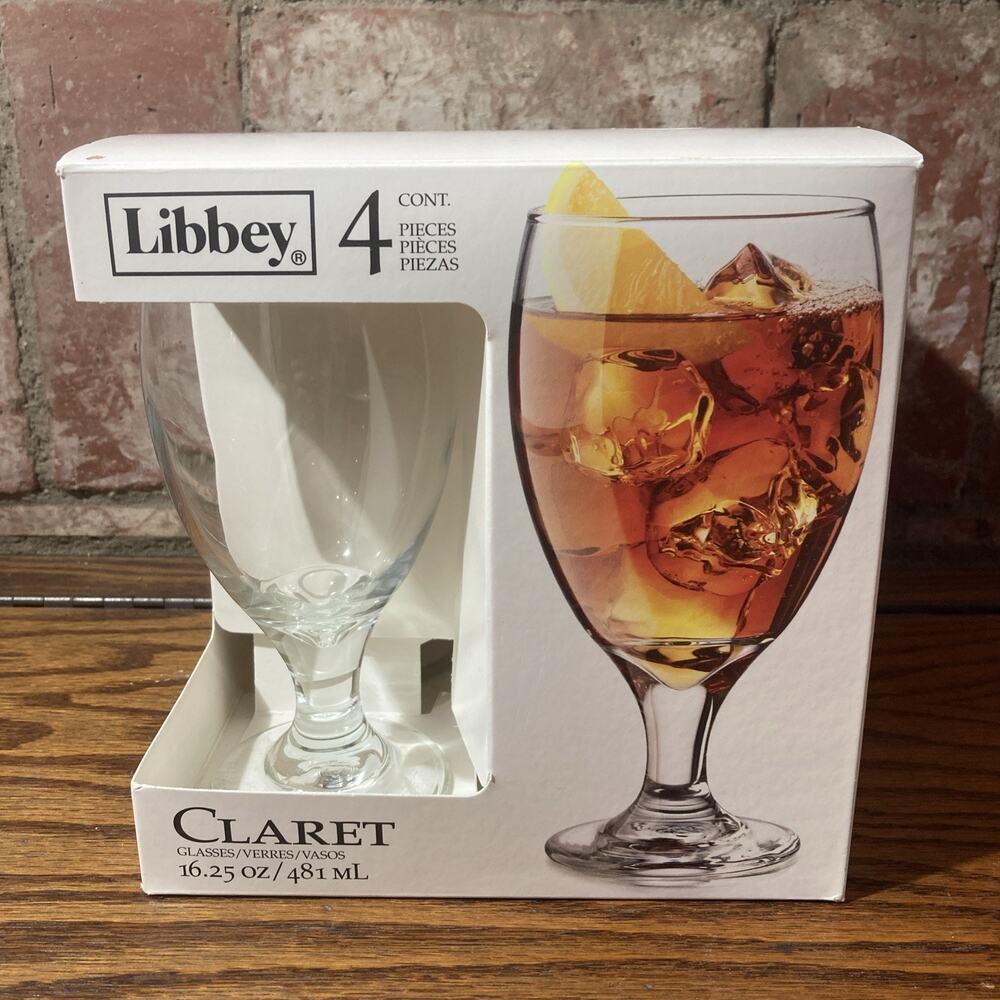 Libbey Ice Tea Glasses Goblets Claret Clear Glass Stems made in USA 4 16 oz stem
